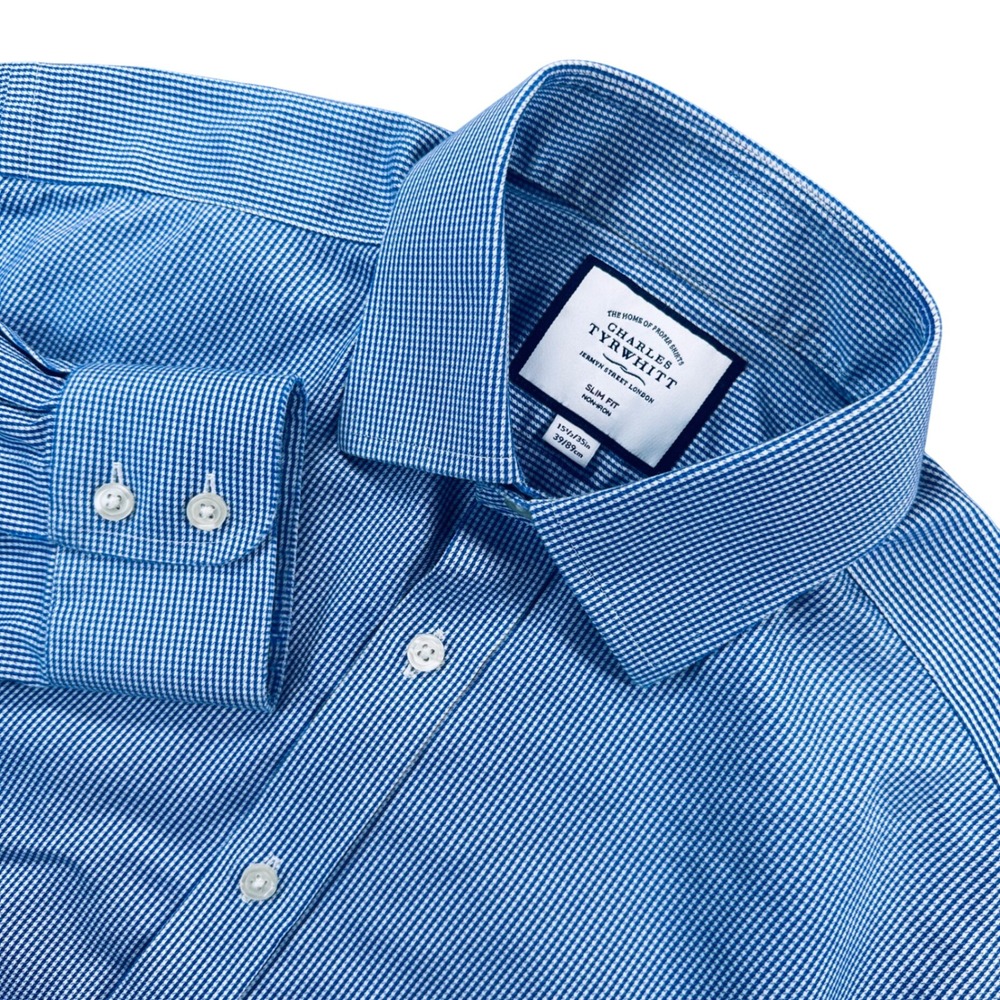 Charles Tyrwhitt Men's 15.5 35 Slim Fit NON-IRON Blue Houndstooth Dress Shirt